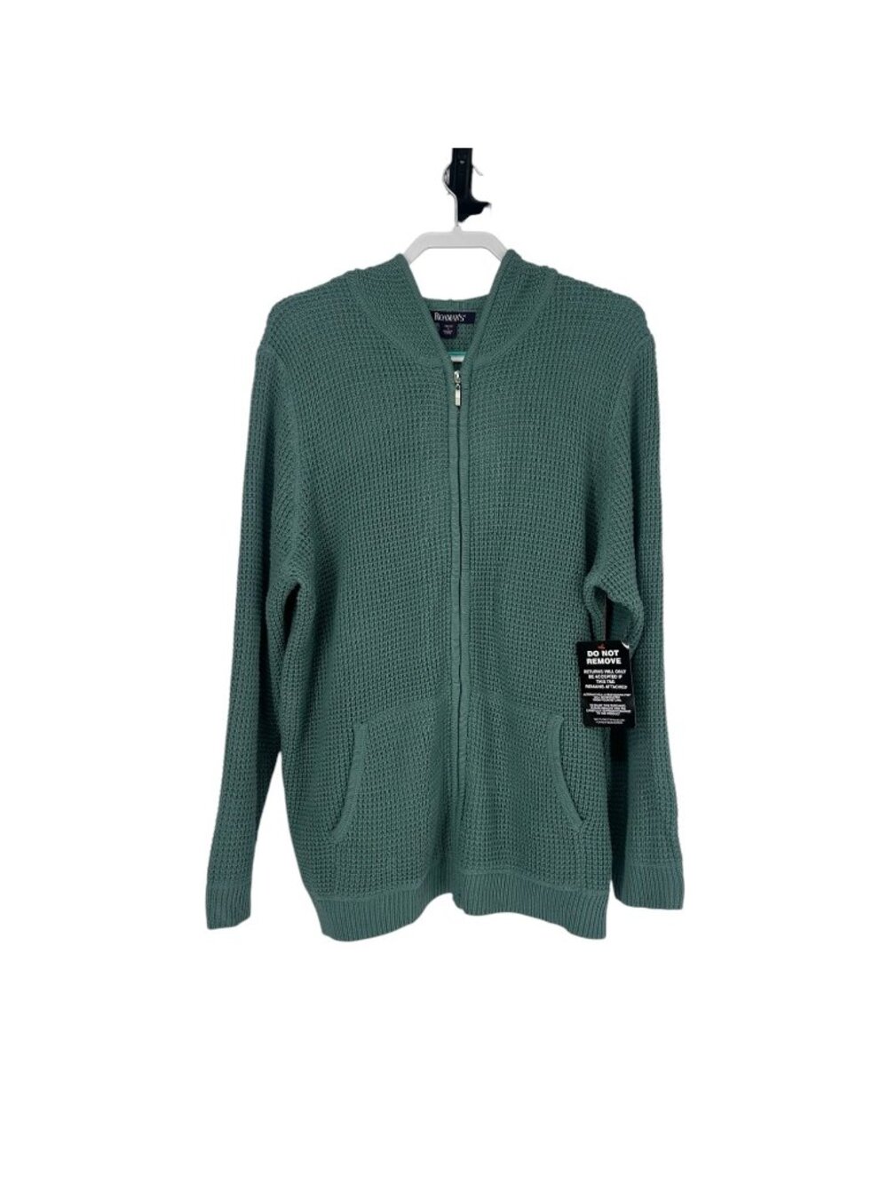 RoRoamans Waffle Knit Hoodie Large Plus Sage Green Zip Front Sweater NWT
